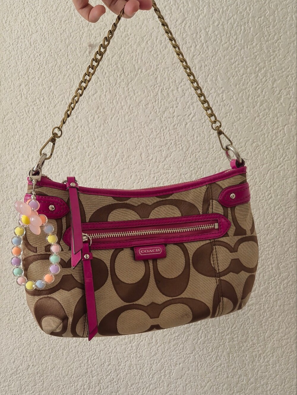 Coach Signature Canvas Shoulder Bag in Brown with Pink Trim